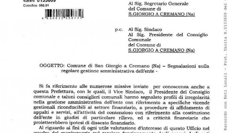 LA PREFETTURA CHIEDE CHIARIMENTI AL COMUNE DI SAN GIORGIO A CREMANO IN RISPOSTA ALLE NUMEROSE MISSIVE  DEL VICE SINDACO MARINO, DELL’EX PRESIDENTE RUSSO E DI ALCUNI CONSIGLIERI.