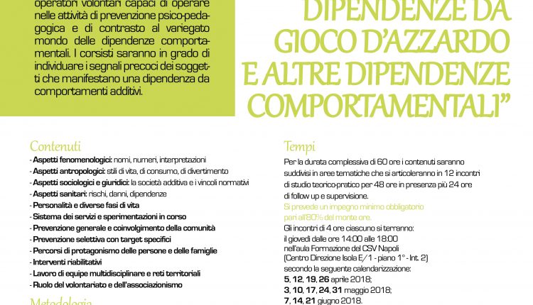 “Interventi sulle dipendenze da gioco d’azzardo e altre dipendenze comportamentali”, parte il corso di formazione al Csv