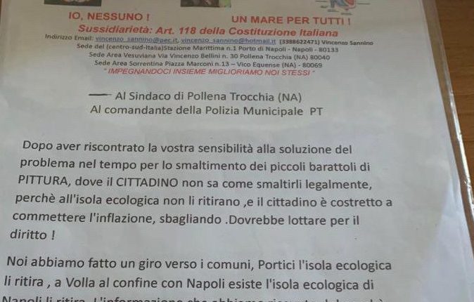 Un appello al sindaco di Pollena Trocchia Carlo Esposito da parte del presidente dell’associazione Io, Nessuno Vincenzo Sannino: che fine fanno i barattoli di pittura ad uso domestico della cittadina vesuviana?