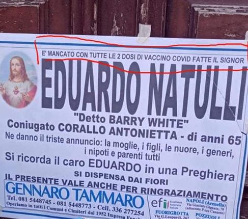 E’ morto Eduardo Barry White: manifesto funebre: “è mancato con le 2 dosi di vaccino fatte”