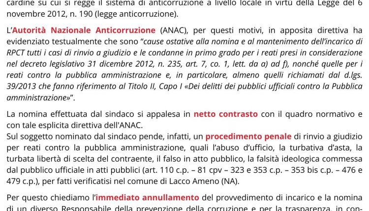 A Pomigliano d’Arco, “Un provvedimento da annullare” Rinascita chiede il ritiro della nomina del segretario comunale a Responsabile della prevenzione della corruzione e per la trasparenza